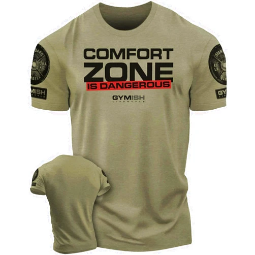 Gymish Lifestyle Comfort Zone is Dangerous Inspirational Workout Lifting Tshirt for Men (MD, Comfort Zone Military Green)