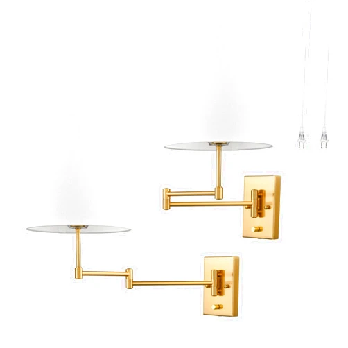 HYDELITE Gold Swing Arm Wall Lamp Brass Wall Sconces with Linen Shade | Plug-in or Hardwired Wall Light Fixtures Bedroom Bedside, House Reading, Living Room, Home Hallway, Dinning Set of 2