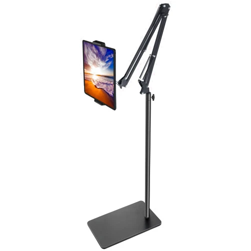 BluuSuuk Tablet Floor Stand with Double Weight Base, Overhead Bed Phone Mount Height Adjustable Arm Stretchable Stand Holder, Compatible with iPad Mini Air Pro, Galaxy Tab, Kindle, Switch, Cell Phones-Black