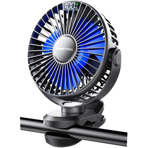 SWEETFULL Portable Clip on Fan - Battery Operated Stroller Fan, 4000mAh Small Rechargeable Fan with LED Display, 4 Speeds, Mini Personal Cooling Desk Fan for Golf Cart Travel Camping Gym (Black)