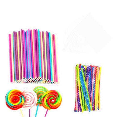 Homfshop 6 Inch Cake Pop Sticks Set Pack of 300, Each of 100 Pieces Parcel Bags, Colorful Treat Sticks, Colorful Metallic Wire for Lollipops Candies Chocolates and Cookies