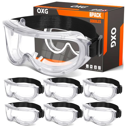 OXG 6 Pack Protective Safety Goggles Anti-Fog, Adjustable Chemical Splash Eye Protection Science Lab Goggles for Women Men