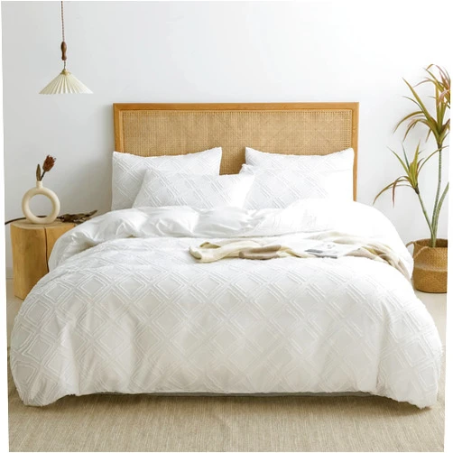 JELLYMONI White Duvet Cover Queen Size - 3 Pieces White Boho Grid Textured Bedding Cover Soft Lightweight Comforter Cover with Zipper Closure & 8 Corner Ties (Nature White,Queen)