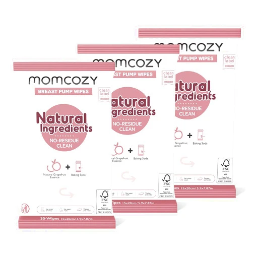Momcozy Natural Breast Pump Wipes for Pump Parts Cleaning On-the-go, 30 Count (Pack of 3), Flash Clean & Resealable Pump Wipes