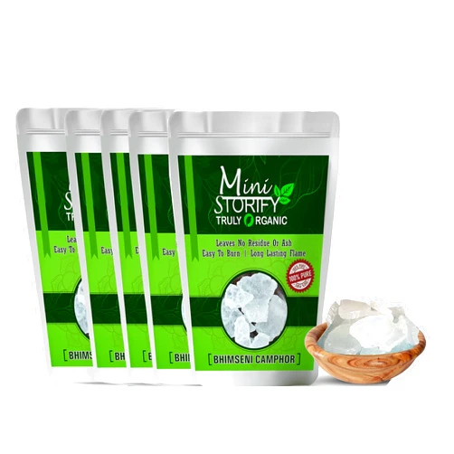 Mini Storify Truly Organic Organic Bhimseni Original - Pack of 5-100g Each - Pure, Natural & Premium Bhimseni Kapoor/Kappuram/Kapur Dani for Home Puja, Aarti & Hawan