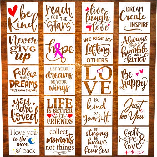 DLY LIFESTYLE 20 Piece Inspirational Word Stencil Set, Stencils for Painting on Wood, Canvas - Quotes Include Dream, Faith Hope Love - Stencils for Crafts Reusable – Art Stencils for Drawing & Signs - 8 Inch