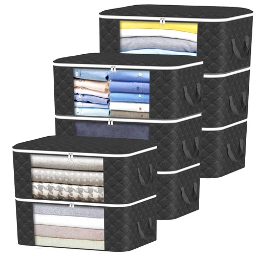 Fixwal 8 Pack Storage Bags with Zipper, 36L Clothes Storage Bag with Clear Window, Foldable Closet Organizer Bags for Comforters, Blanket, Sweater, Black