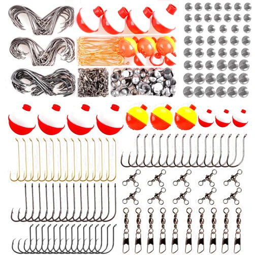 OROOTL Fishing Hooks Bobbers Tackle Kit, 200pcs Basic Fishing Tackle Box Set Include Fishing Hooks Bobbers Weights Snap Swivels Freshwater Terminal Tackle Kit for Kids Starter Beginners