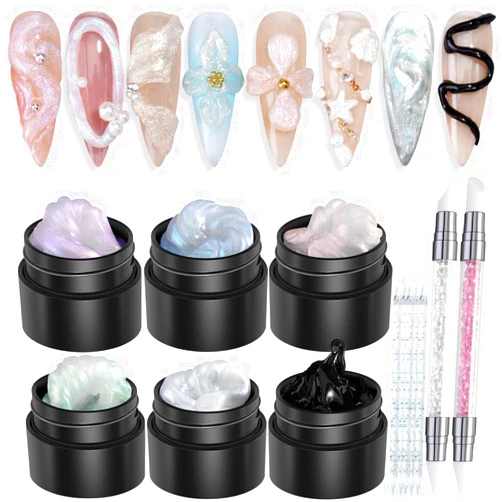 Fcozpjk Solid Builder Gel Kit, 6 Colors Non Sticky Solid Builder Gel for Nails Aurora Blue Pink Pearl White Builder Gel With Silicone Carving Pen Hard Gel 3D Sculpting Gel Nail Art Starter Kit