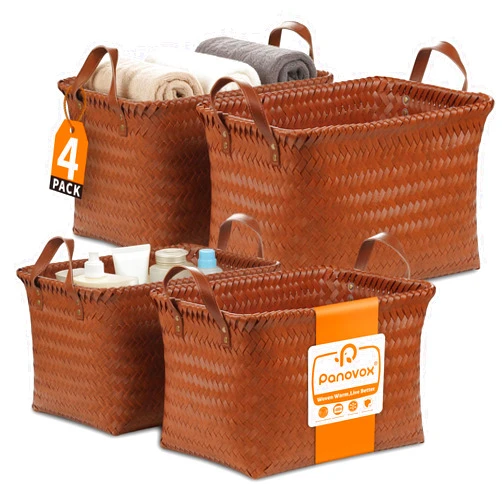 Panovox Hand Woven Baskets for Storage, 4Pcs Water-Resistant Wicker Baskets, Brown Wicker Storage Baskets for Shelves, Large Basket with Handle for Organizing, Clothes, Laundry, Blanket - Rectangular