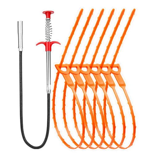 Oanie 7 Pack 25inch Drain Clog Remover Tool, Drain Cleaner Hair Clog Remover(6pcs), Drain Cleaner Sticks To Drain Hair Clog For Remover(1pcs), Sink Snake for Shower Kitchen Sink Bath Tub Bathroom(6+1)