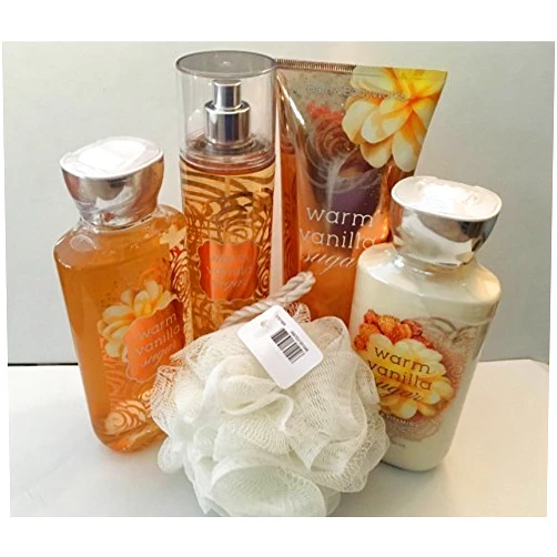 Bath & Body Works Warm Vanilla Sugar Deluxe 5 Piece Bundle Gift Set Full, Size Cream, Lotion, Shower Gel, Fragrance Mist & Shower Sponge (packaging may vary).