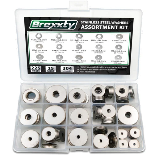 Brexxty Fender Washers for Screws — 225Pcs Washers Assortment, Washers for Bolts in 15 Different Sizes (M2 M2.5 M3 M4 M5 M6 M8 M10 M12)—Stainless Steel Washers for Home & Industrial Usage