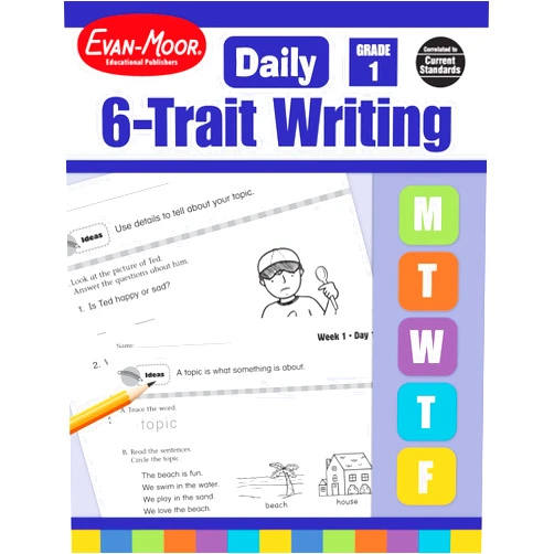 Evan-Moor Educational Publishers Evan-Moor Daily 6-Trait Writing, Grade 1, Homeschool and Classroom Resource Workbook, Reproducible Worksheets, Teaching Edition, Lesson Plans, Ideas, Organization, Word Choice, Sentence Fluency, Voice