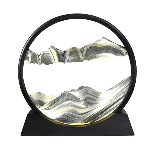 BGFJYUK Moving Sand Art Picture in Motion, Round Tempered Glass 3D Deep Sea Sandscapes with Display Flowing Sand Frame for Relaxing Desktop Home Office Work Décor for Kids Adults (Black, 7inch)