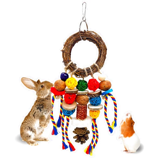 Acsist Bunny Chew Treat Toy for Teeth, Rabbit Cage Hanging Chew Toys and Rattan Ring with Snack,Natural Material Handwoven Chinchilla Treats Toys for Guinea Pig Gerbils Hamster Rat Teeth Grinding