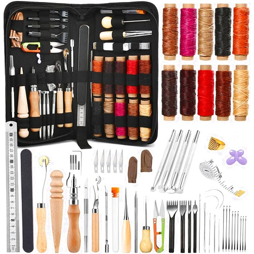JUPEAN 60 Pcs Leather Working Kit Leather Sewing Kit Leather Craft Tools with Storage Bag Stamping Tools Stitching Groover Waxed Thread Prong Punch for Craft Making Stitching and Punching