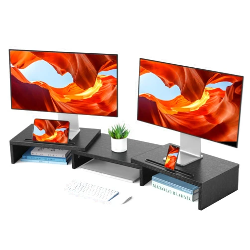 HUANUO Dual Monitor Stand Riser, Computer Monitor Stand for 2 Monitors, Adjustable Length Angle Desk Shelf with 2 Storage Slots, Desktop Organizer Stand Riser for Computer, Laptop, PC, TV, HNMS02
