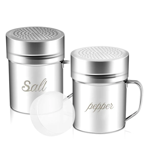 ZERUIDM Stainless Steel Salt and Pepper Shakers Set, 10 OZ Seasoning Spice Shaker with Lid and Handle 127 Holes, Metal Dredge Shaker for Powder Sugar Cooking Kitchen Baking (2 Pieces)