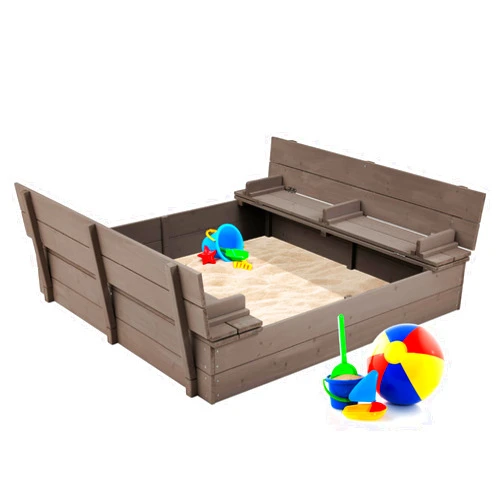 Best Choice Products Kids' Outdoor Wooden Sandbox Large, Cedar Wood with Foldable Bench Seats and Sand Protection, Bottom Liner Included - Gray