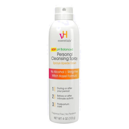 vH essentials Personal Cleansing Spray, pH Balancing Lactic Acid, Sting-Free, Witch Hazel Formula, Fragrance free, Paraben free, Sprays upside down for easy external intimate cleansing, 4 floz