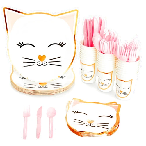 BLUE PANDA 144 Pieces Cat Themed Birthday Party Supplies, Kitty Dinnerware Set with Plates, Napkins, Cups, and Cutlery (Serves 24)