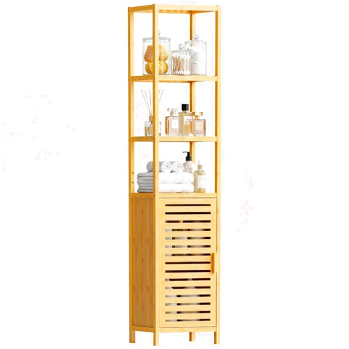 HITNET Bathroom Floor Cabinet, 6 Tier Tall Thin Linen Tower Storage Cabinet Free Standing Bamboo, Kitchen Side Organizer with 3 Shelves and Cupboard, Natural