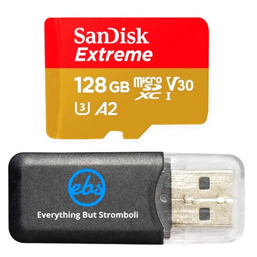 SanDisk Extreme 128GB V30 A2 MicroSDXC Memory Card for DJI Works with Mavic Air 2 Drone 4K 8K Bundle with (1) Everything But Stromboli MicroSD Reader