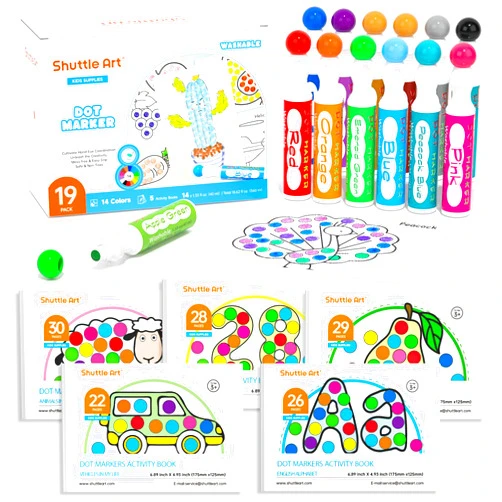 Shuttle Art Dot Markers, 14 Colors Bingo Daubers with 135 Patterns, 5 Activity Books, Educational Set with Art Activities,Non-Toxic Washable Coloring Markers