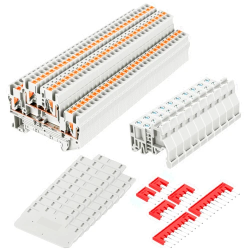 Saysurey DIN Rail Terminal Block Twin Spring Terminal Connectors Push in Type PT Screwless Wire Wiring Connector with 10 Covers 10 End Stops 6 Jumpers (ST2-2.5/2-2, 56 Pcs)