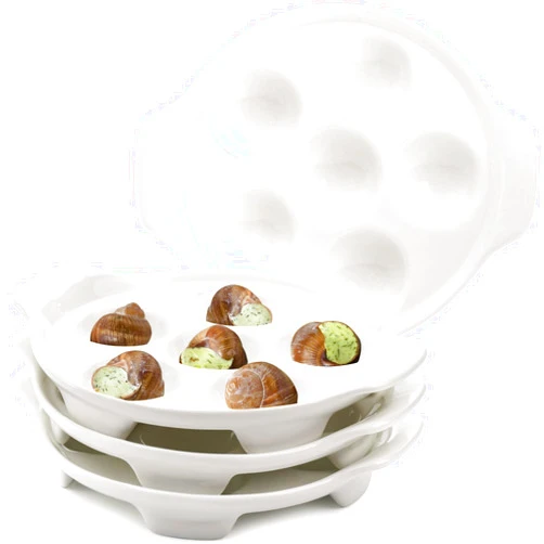 Okllen 4 Pack Ceramic Escargot Plates with 6 Holes and Handles, 6.5 Inch Seafood Snail Dish Footed Plates White Escargot Baking Dish Barbecue for Home, Kitchen, Restaurant