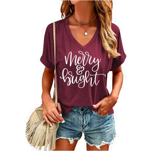 Beopjesk Casual V-Neck Graphic Tees for Women Summer Cute Short Sleeve Holiday Family Match T-Shirt Tops…