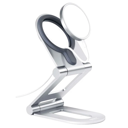 Nulaxy Dual Folding Phone Stand for MagSafe Charger (MagSafe Charger Not Included), Adjustable Aluminum Magsafe Charging Desk Mount Holder, Compatible with iPhone 16 15 14 13 12 Pro Max X XR,Silver