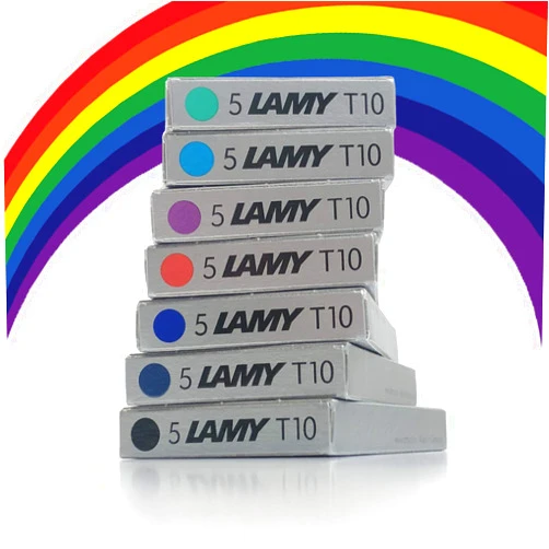 Lamy T10 Assorted Colour Pack Fountain Pen Ink Cartridges Refills Spare Replacement For All Lamy Fountian Pens (1 Pack Of Each Colour - 7 Packs - 35 Cartridges - Black, Red, Washable Blue, Green, Purp