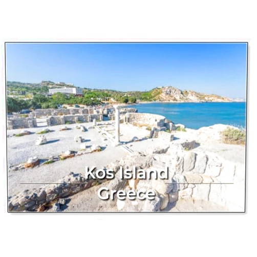 Photomagnet Kos Island, Kastri, Dodecanese, Greece: Beautiful Sunny Coast View to Greek Mediterranean Blue Sea with Crystal Clear Water at Ancient Traditional Place or Old Temple Church, Design 1, Fridge Magnet