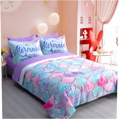 Wajade Kid Mermaid Scale Comforter Bedding Set Twin Size, Colorful Rainbow 3D Fish Scale 7 Pieces Soft Bedding Sets with Comforter, Sheet, Pillowcase and Sham for Girls