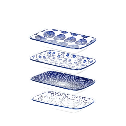 Selamica Ceramic Rectangular Salad Plates Set of 4, Dessert Plates 8 Inch Small Dinner Plates for Party Entertaining, Small Serving Plates for Appetizers, Sushi, Fruit, Gift, Vintage Blue