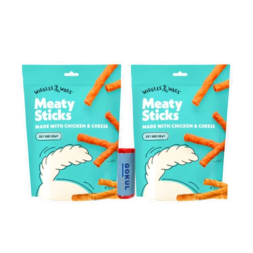 GOKUL BRANDS Wiggles & Wags Dog Treats, Chicke & Cheese Soft and Chewy Meaty Sticks, 6Oz (Pack of 2) Bundled with Dog Poop Bag