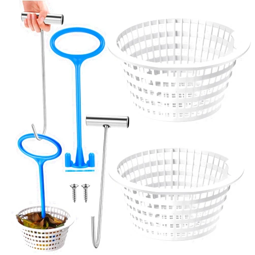 Sunnychicc 2 Pcs 8928 Pool Skimmer Basket Compatible with Swimline Hydrotools, with 1 Skimmer Basket Handle, 1 Skimmer Basket Hook Kit for Above Ground and Inground Swimming Pool