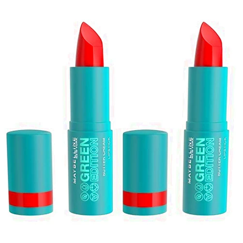 MAYBELLINE New York Green Edition Butter Cream High-Pigment Bullet Lipstick, Rainforest, Bright Red, 0.12 oz (Pack of 2)
