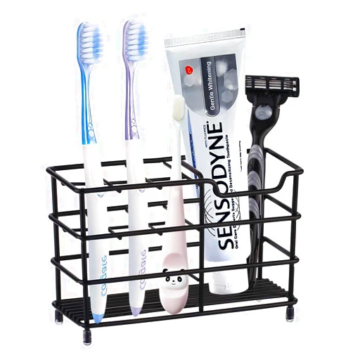 QIEIMUFHD Toothbrush Holder Stainless Steel Tooth Brush Holder for Bathroom, Multi-Functional 7 Slots for Toothpaste Razor Stand Bathroom Organizer Countertop - Black