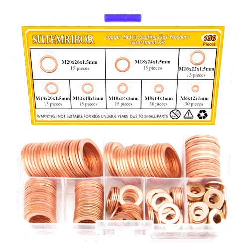 Sutemribor 150PCS 8 Sizes Copper Metric Sealing Washers Flat Washers Assortment Kit