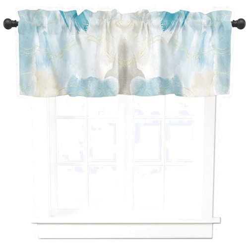 Bilagawa Valance Curtains Blue Beige Marble Yellow Lines Gradient Linen Texture Kitchen Valance Rod Pocket Window Treatments for Kitchen Bathroom Bedroom 54x18 Inch