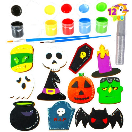 JOYIN 12 pcs Halloween Wooden Painting Crafts Kit, Creativity Painting Kit Includes 2 Color Pens for Kids Paint Gift, Family Activities Party Favor Supplies, Halloween Decoration