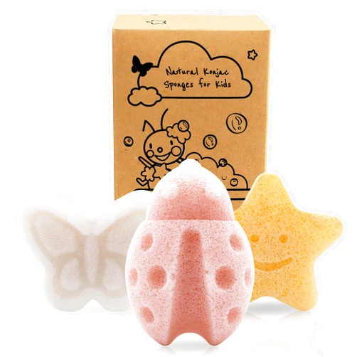 myHomeBody Konjac Baby Sponge for Bathing, Cute Shapes Natural Kids Bath Sponges for Infants, Toddler Bath Time, Natural and Safe Plant-Based Toys, 3pc. Set: Butterfly, Ladybug, Star