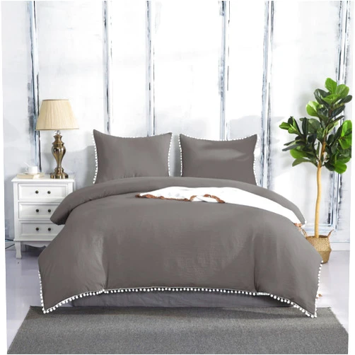 Homebed Pom Pom Duvet Cover Set, Gray, Decorative White Ball Fringe Trim, 3 Piece Bedding Set