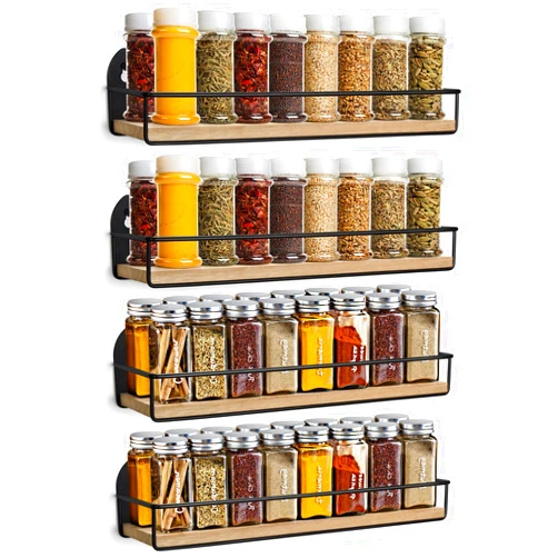 TJ.MOREE 4 Pack Spice Rack Wall Mounted Rustic Style Hanging Spice Organizer for Wall, Kitchen Spice Storage, Black