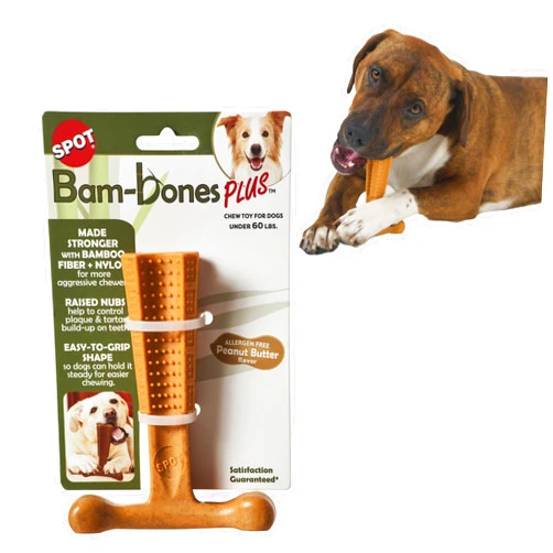 SPOT Bam-Bones PLUS T Bone - Bamboo Fiber & Nylon, Durable Long Lasting Dog Chew for Aggressive Chewers – Toy for Dogs & Puppies Under 60lbs, Non-Splintering, 6in, Allergen Free Peanut Butter Flavor