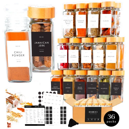 FINESSY 36 Pack Glass Spice Jars with Bamboo Lids with Waterproof Minimalist Labels Set, 4 oz Seasoning Organizer Jars Containers, Empty Spice Jars with Label Bottles, Seasoning Containers with Labels