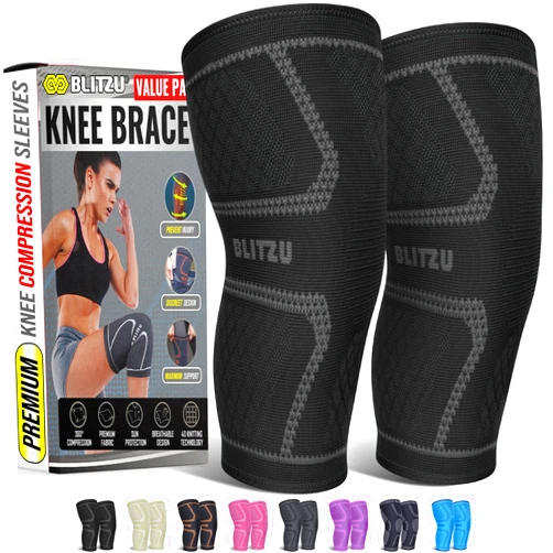 BLITZU Knee Brace for Meniscus Tear 2 Pack, Knee Compression Sleeve for Men and Women, Knee Support for Arthritis, Swelling, Inflammation, ACL, Pain Relief, Running, Workout, Sports and Recovery Black L